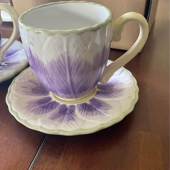 Longaberger Pottery Teacups And Saucers (2) Purple Crocus Flowers - Picture 6 of 10